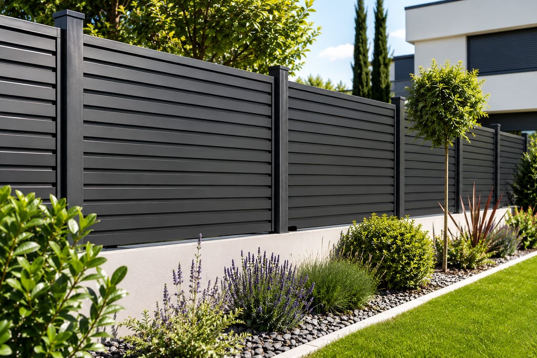 Clôture aluminium dans un jardin aménagé